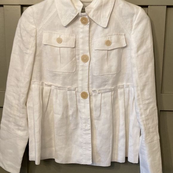 Zara 100% Linen White Button Front Pleated Blazer Jacket Size Medium - Picture 3 of 8